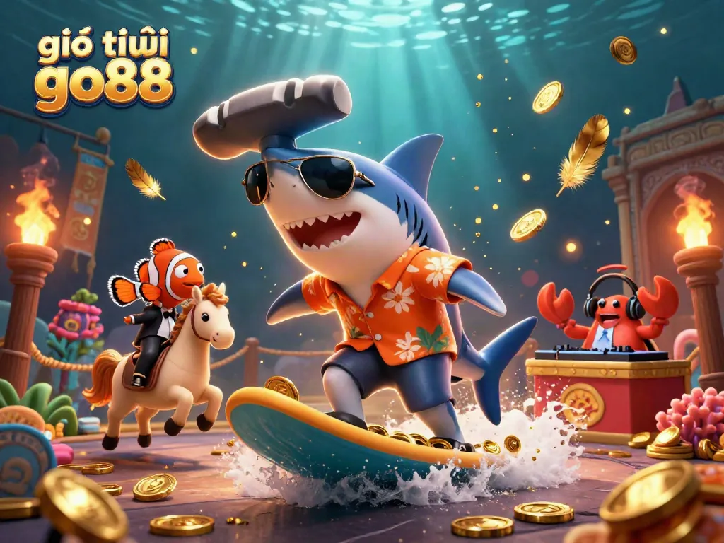 Engaging illustration showcasing giới thiệu go88 with a shark and clownfish in a lively casino setting.