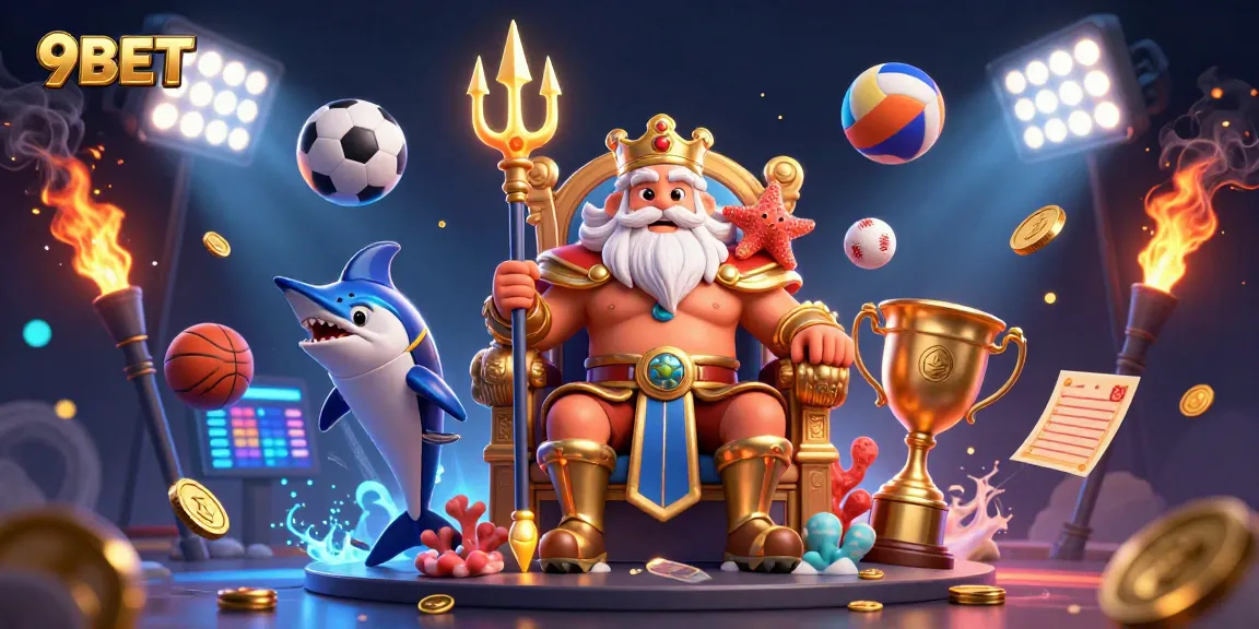 Engage with 9BET through captivating sports betting and gaming visuals depicting Neptune and action elements.