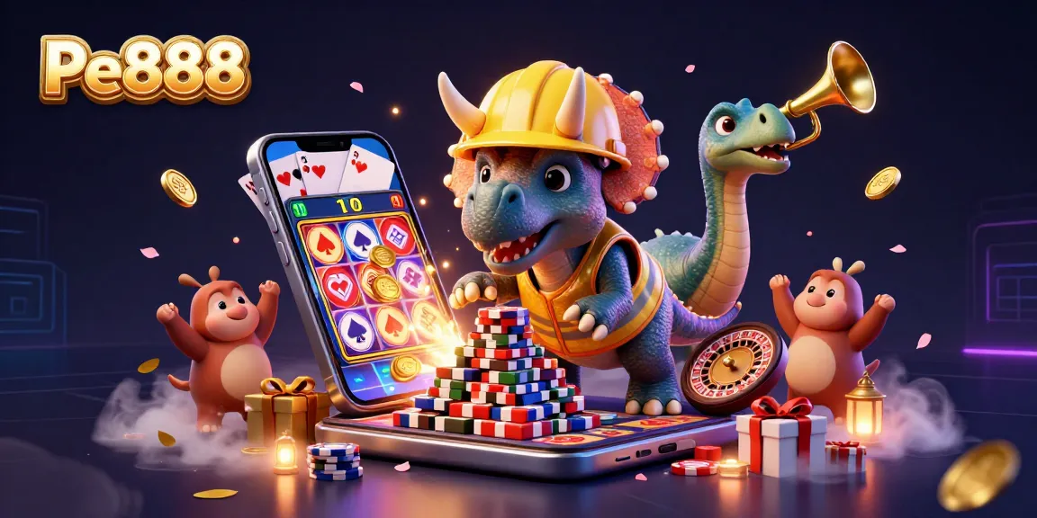 Celebrate with Pe888 as a triceratops builds poker chips amidst a vibrant casino scene.