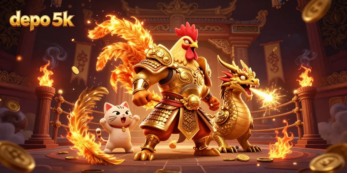 Enjoy the thrill of depo 5k slot games with vibrant characters and golden sparkles.