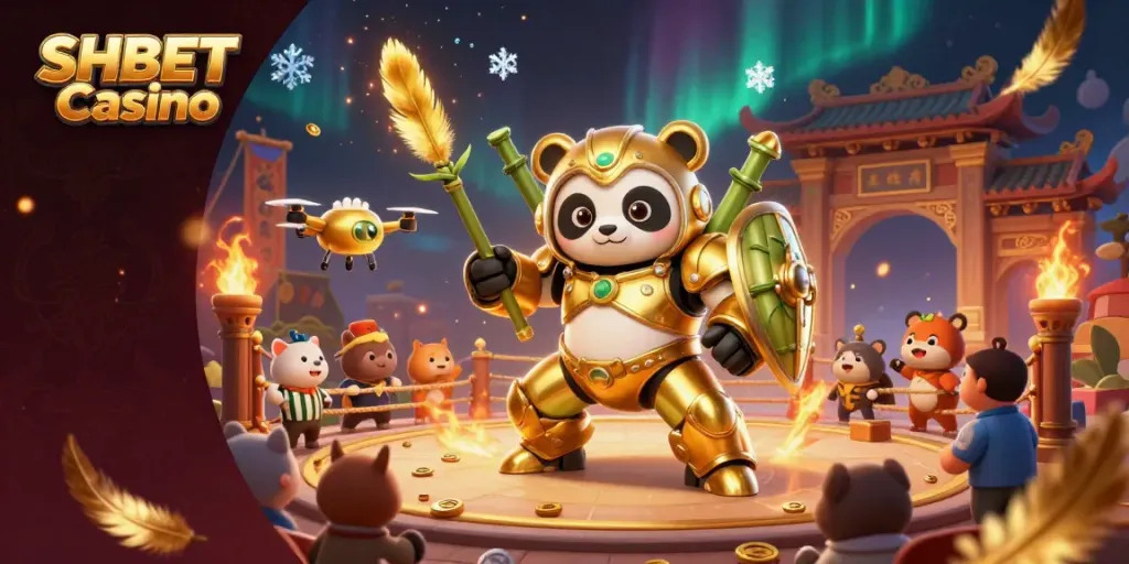 Experience the thrill of SHBET Casino with a golden panda pilot in a dynamic mech-suit arena.