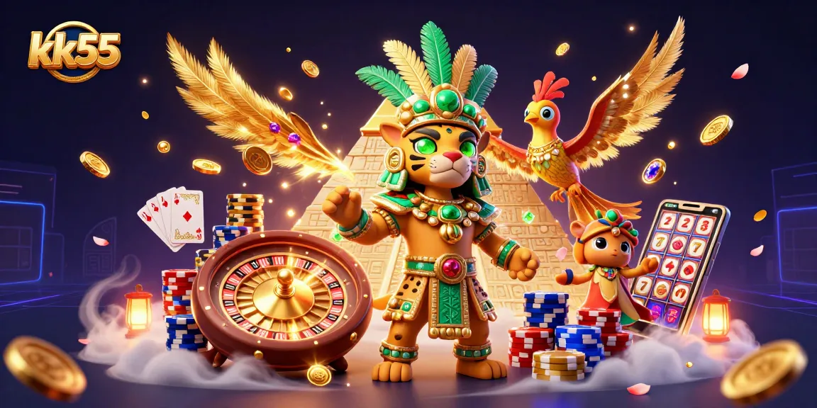 kk55 dynamic gaming scene with jaguar priest, quetzal bird, and casino elements