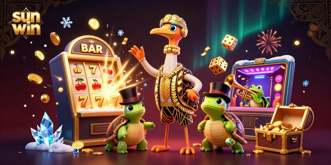 Experience the thrill of sun win with a vibrant 3D casino scene featuring charming characters and exciting games.