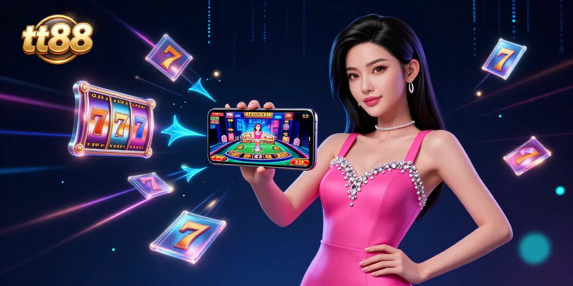 Play exciting casino games with tt88's live dealer feature, showcasing an Asian woman in glamorous attire.