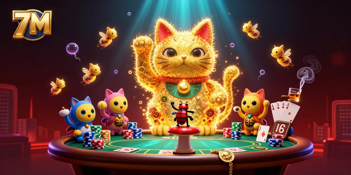 Experience the excitement of 7M's dynamic casino atmosphere with colorful poker elements.
