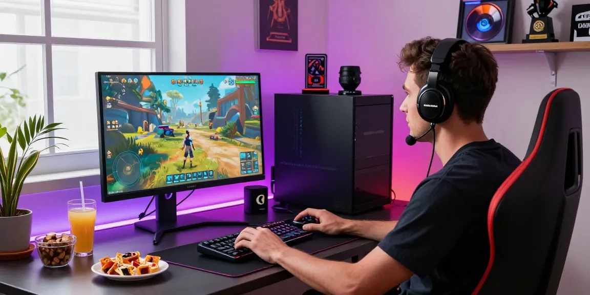 Gamer enjoying an immersive experience with ROKOK88 wireless keyboard and headset in a stylish home office setup.