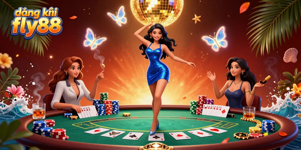 Join the excitement at đăng ký fly88, featuring vibrant casino elements and a glamorous character amidst a poker scene.