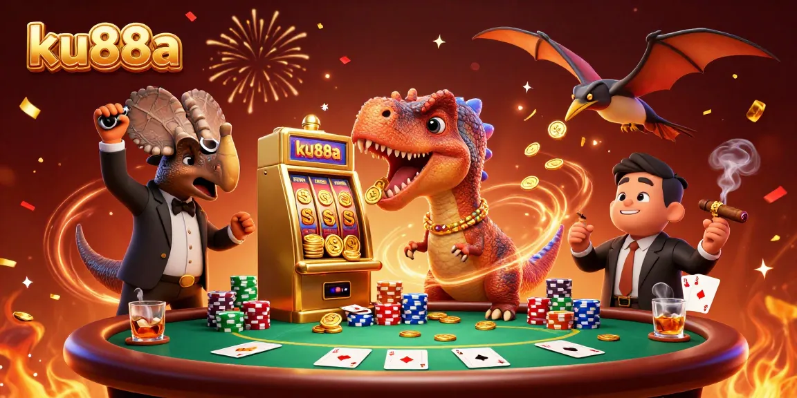 ku88a jackpot scene with a pachycephalosaurus and casino manager in action
