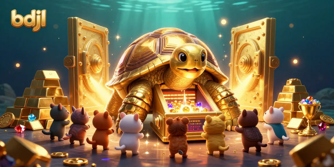 Engage with bdjl's exciting gaming scene featuring a golden tortoise and treasure elements.