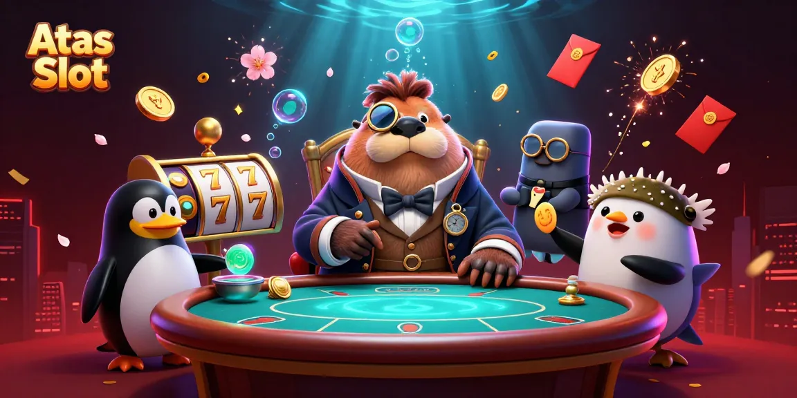 Engage with Atas Slot's vibrant undersea gaming world, showcasing a walrus and friends at a thrilling slot table.