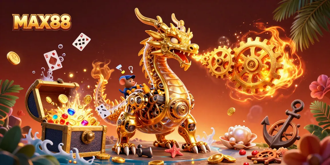 Experience exciting MAX88 casino action with a dragon, golden treasures, and dynamic gaming elements.