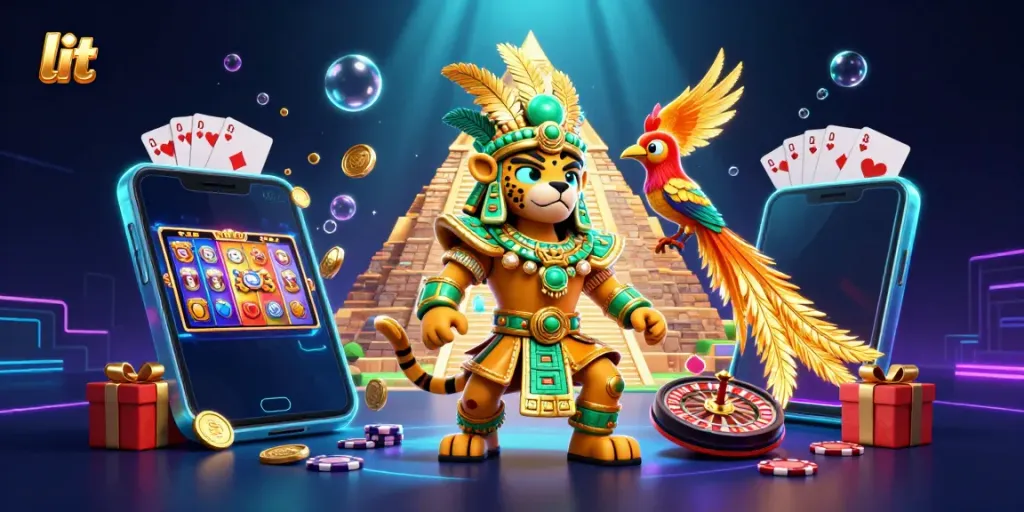 Experience the excitement of lit casino games with dynamic slot action, vibrant characters, and gold coins.