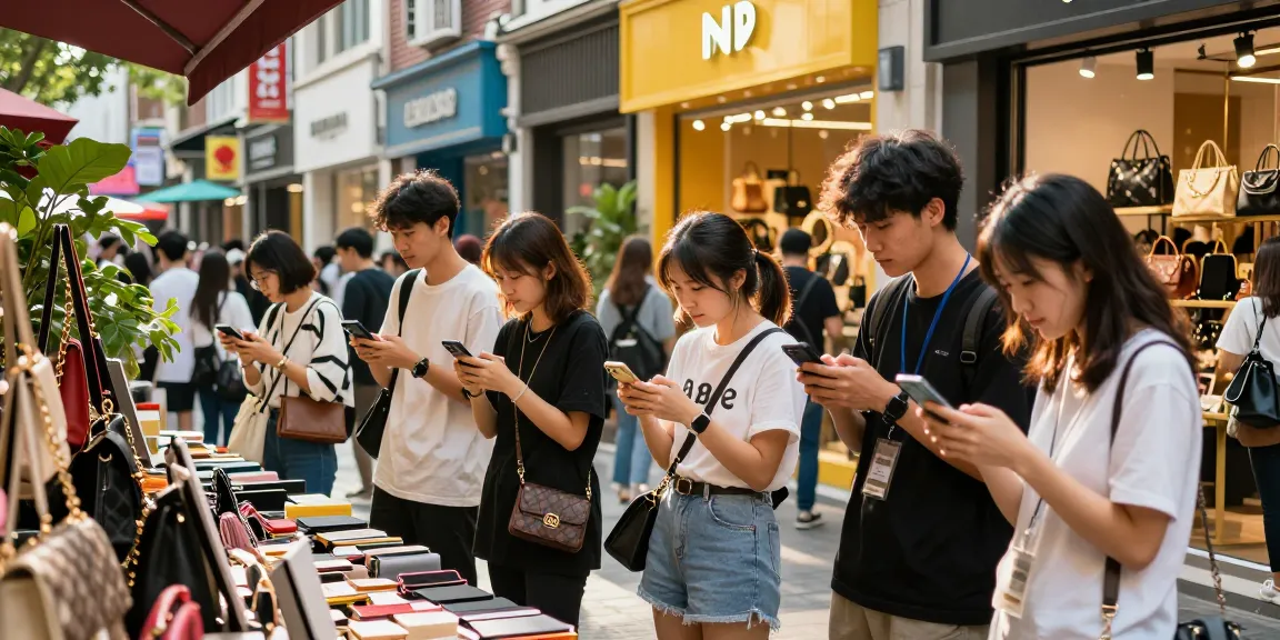 Engaged shoppers exploring high-quality 레플리카 사이트 products in a vibrant urban market.