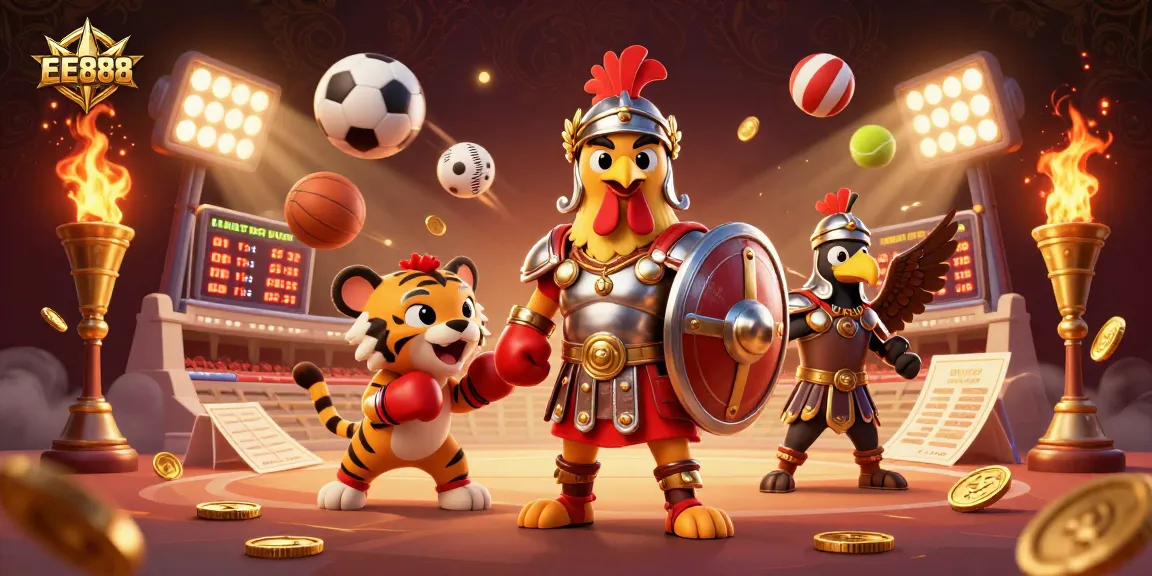 Experience dynamic gaming with EE888 as gladiator rooster and tiger cub engage in vibrant casino action.