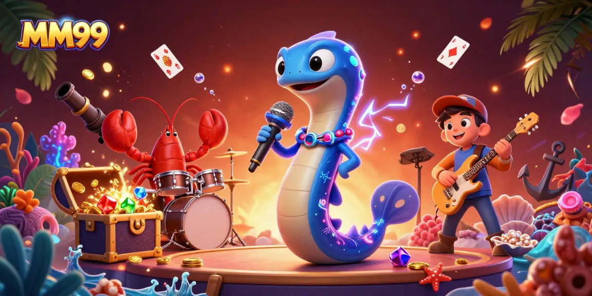 Experience the vibrant underwater casino scene featuring MM99 with electric eel, lobster drummer, and seahorse guitarist.