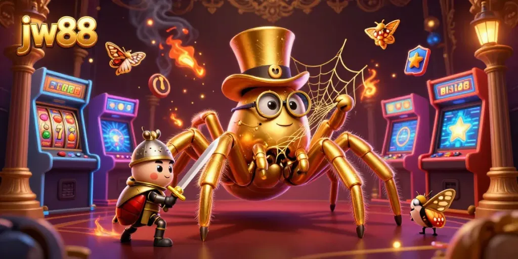 Engage with jw88 gaming excitement in a vivid casino scene featuring a golden tarantula and dynamic arcade elements.