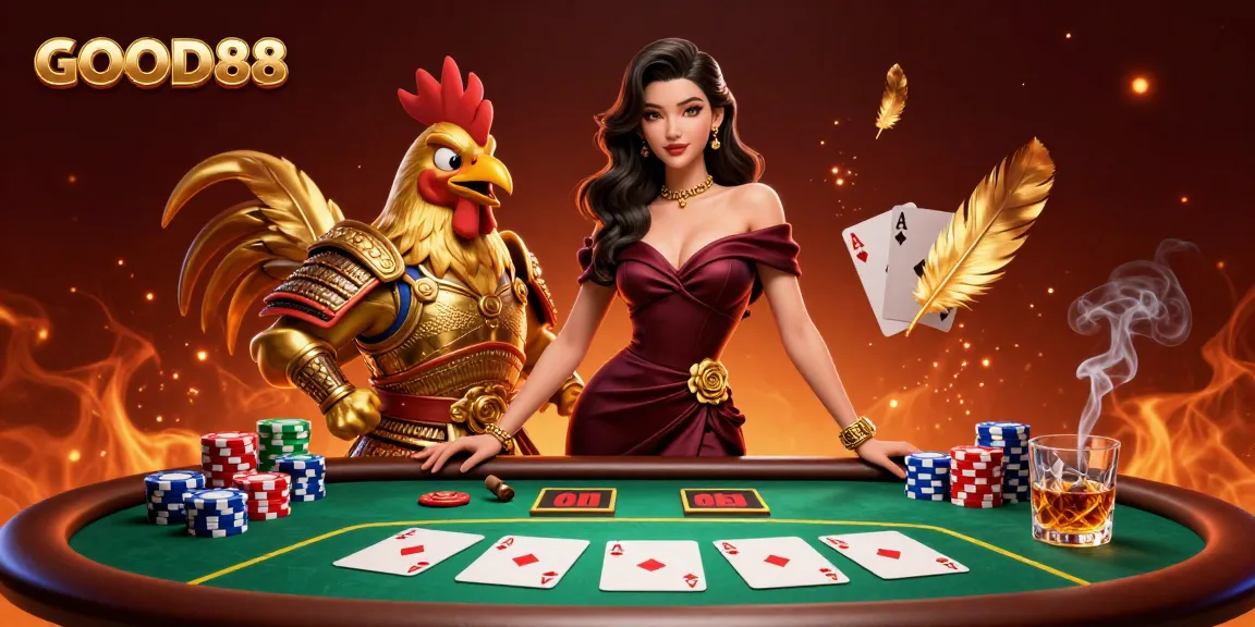 Experience the excitement at GOOD88 with immersive 3D casino action featuring a glamorous woman and a golden rooster warrior.