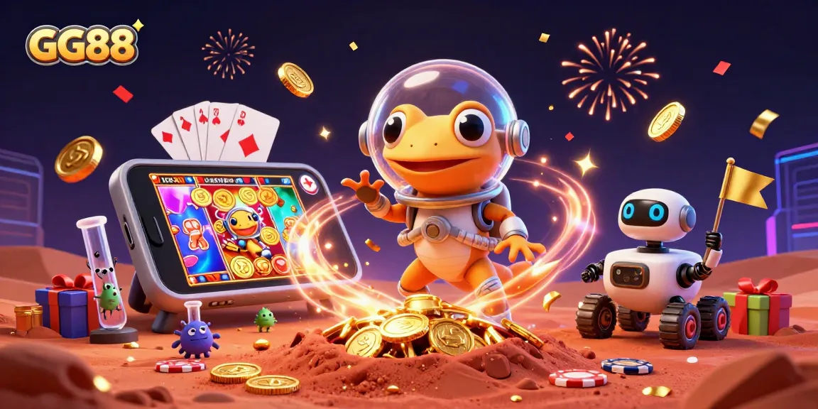 Join the excitement at GG88 as the Martian gecko explores a vibrant casino world filled with games and rewards.
