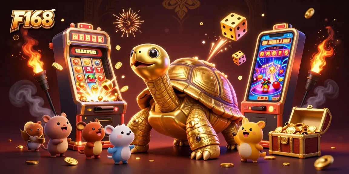 Experience thrilling gameplay at F168 with a golden tortoise pinball machine and a jackpot explosion of coins.
