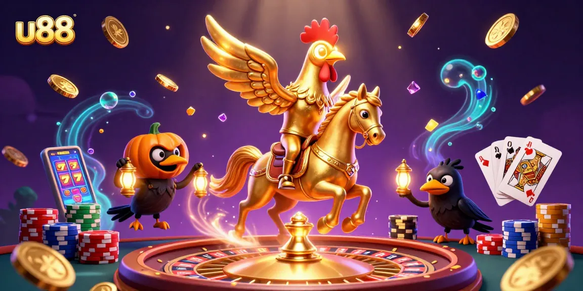 Experience thrilling gameplay at u88 with a dynamic casino scene featuring golden rooster and treasures.