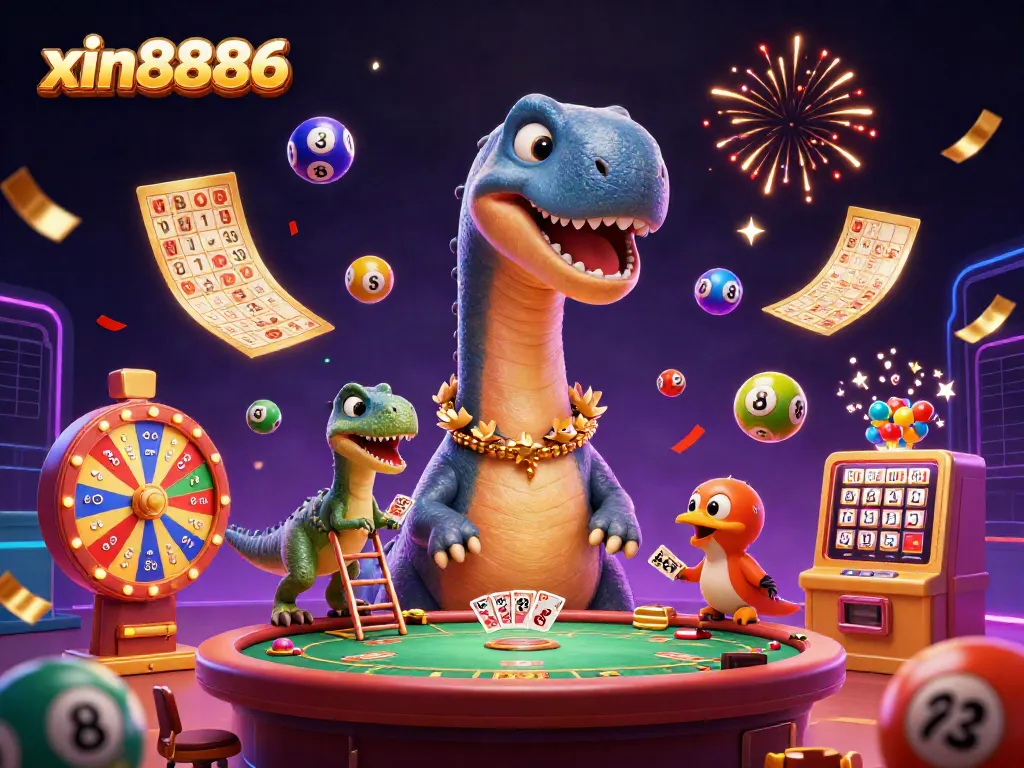 Engage with xin8886's thrilling casino scene, featuring a giant brontosaurus and vibrant gambling elements.