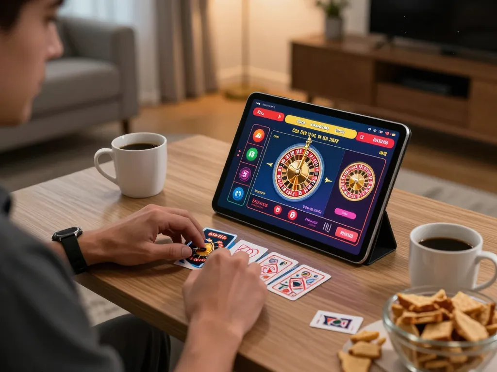 Player engaged with bj88bj casino app during home gambling session, showcasing vibrant gaming interface.