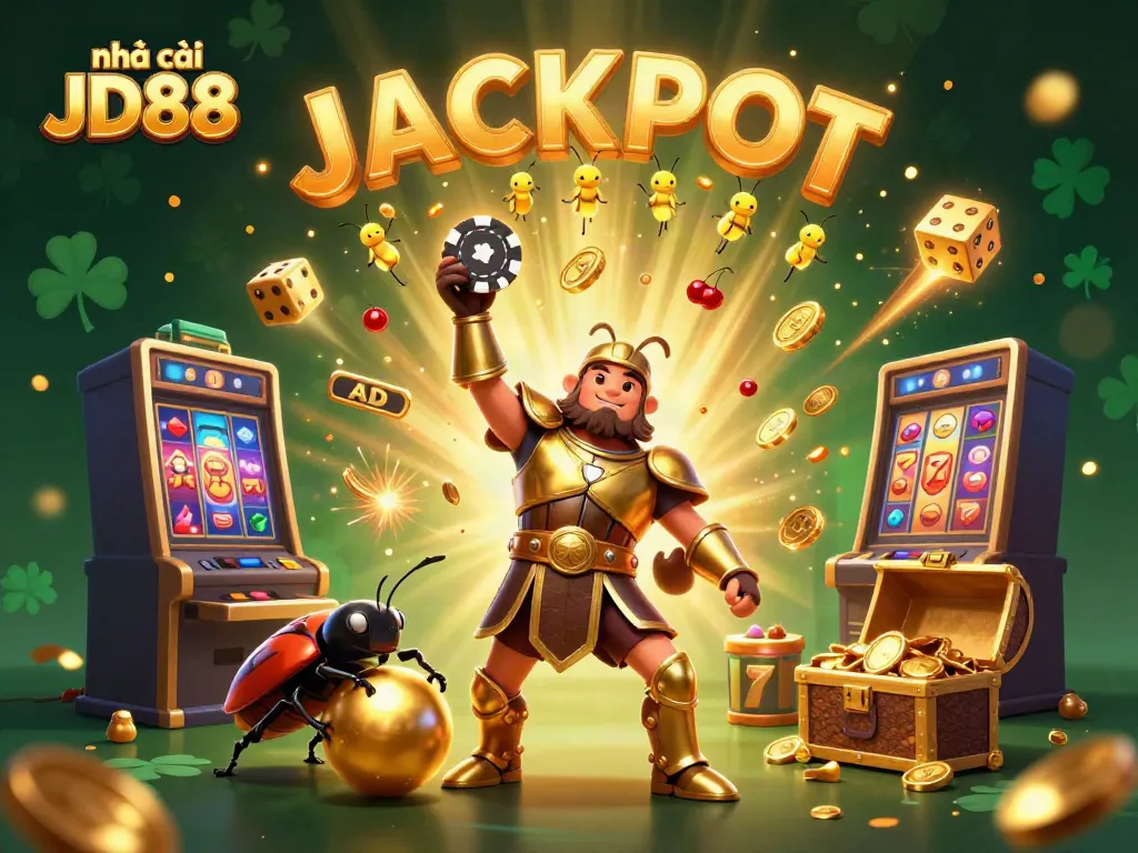 Engage with the nhà cái JD88 illustrated scene showcasing a victorious beetle character amidst casino excitement and dynamic game elements.