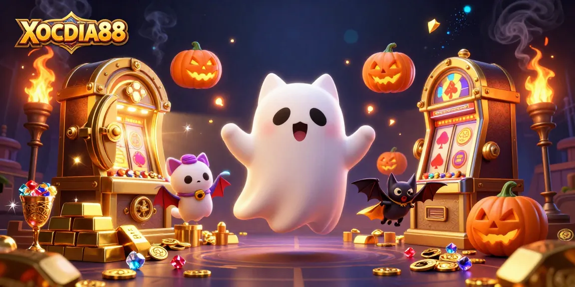 Experience thrilling adventures with XOCDIA88 as playful ghost cat and vampire bat explore casino treasures.