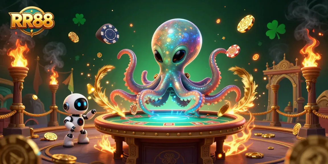 Engage in strategic betting with RR88's vibrant alien-themed poker showdown featuring exciting game elements.
