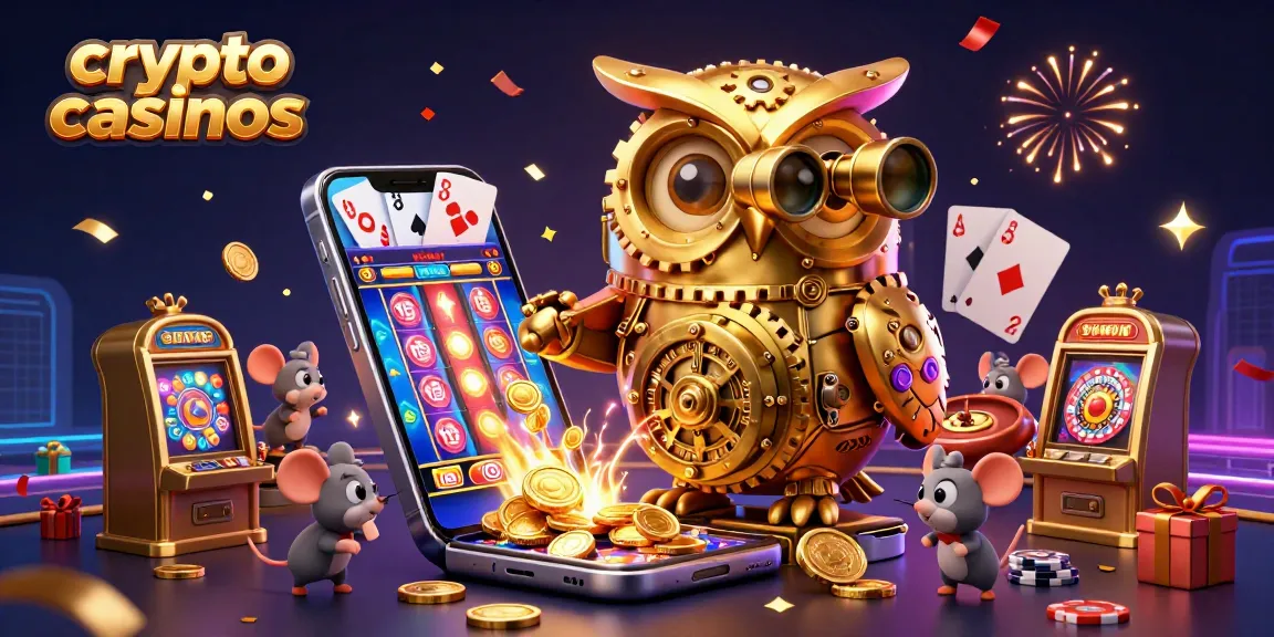 Les crypto casinos présentent un hibou doré vigilant dans un casino animé, entouré de jeux et de pièces d'or.