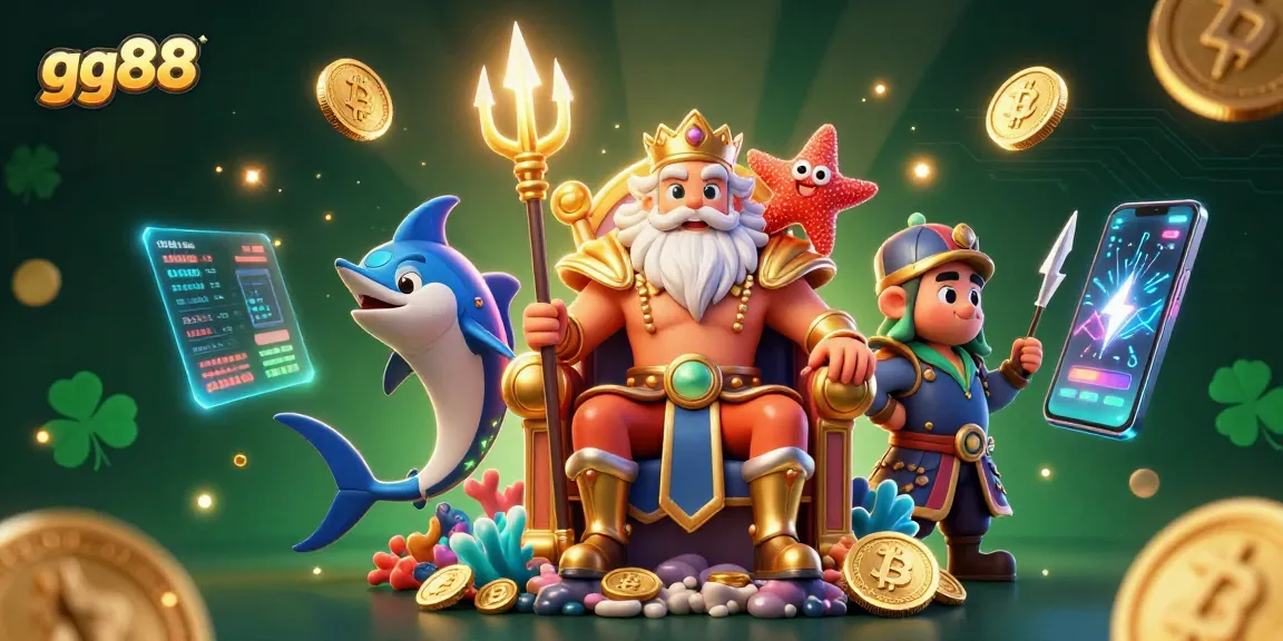 Engage in thrilling games at gg88 with vibrant 3D casino scene featuring Neptune and crypto elements.