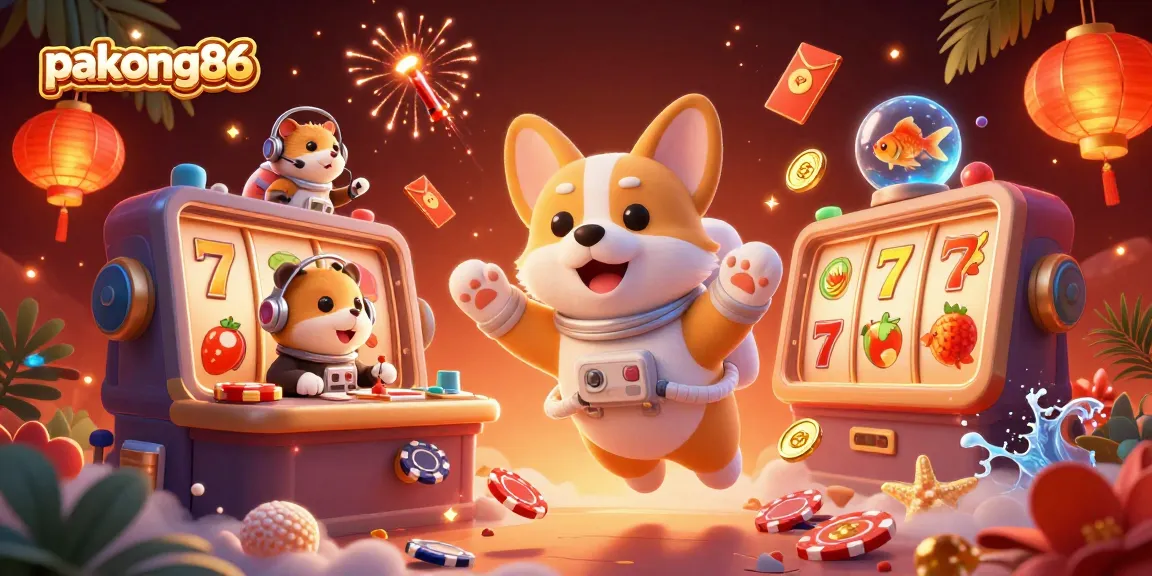 Join the fun at pakong86 in a vibrant space casino with a cartoon corgi astronaut and colorful gaming elements.