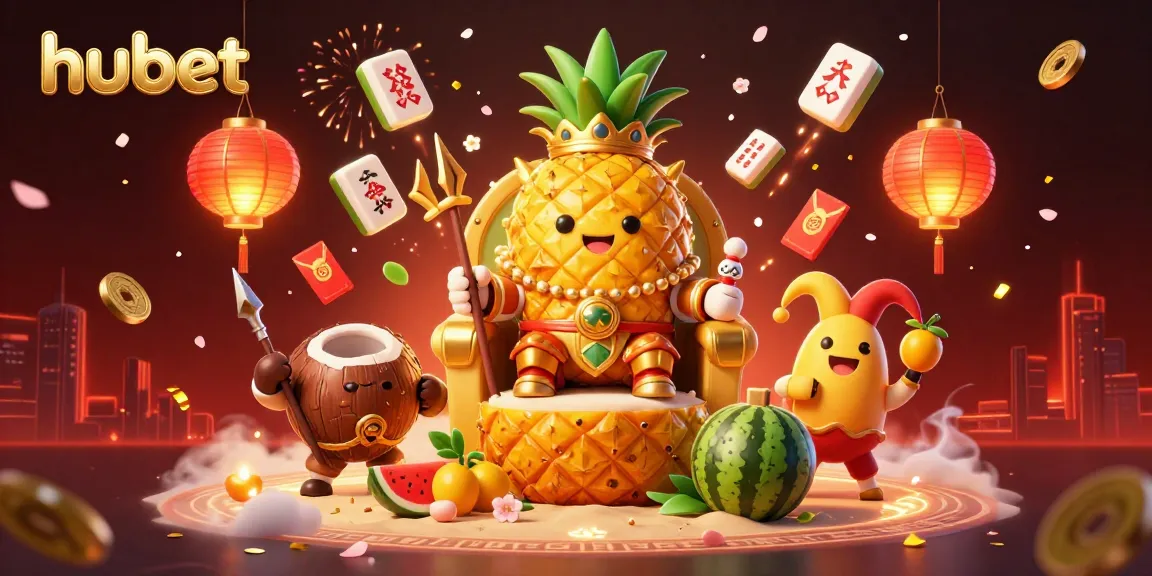 Experience the fun at hubet's exciting beach casino with a golden pineapple king and festive game elements.
