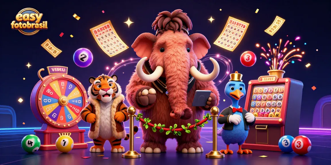 Engage with easyfotobrasil as the woolly mammoth bouncer checks IDs while vibrant lottery elements surround them.