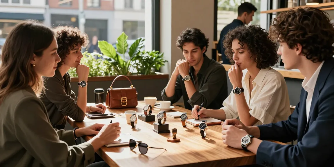 Friends exploring stylish replica watches in an upscale café setting.