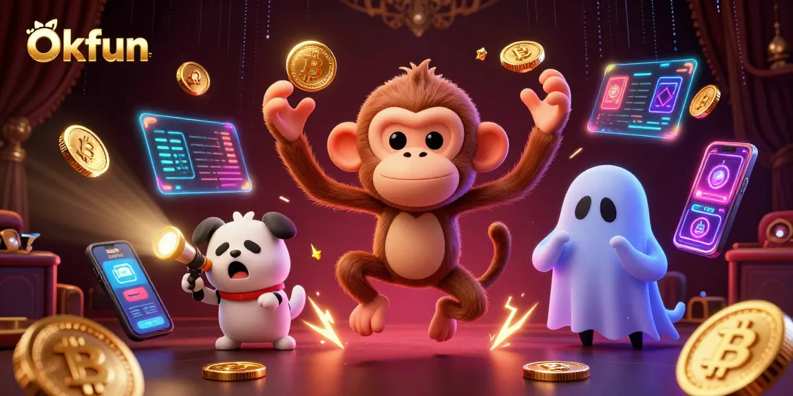 Experience gaming excitement with Okfun's mischievous monkey and ghost-hunter puppy in a thrilling casino scene.