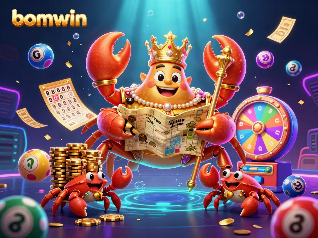 Experience thrilling gameplay at bomwin with a vibrant scene of a golden crab emperor and colorful lottery activities.