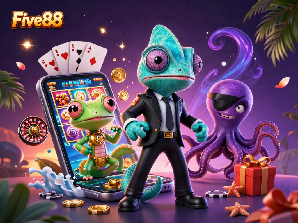 Join Five88's thrilling adventure with cartoon characters and casino elements in dynamic play.