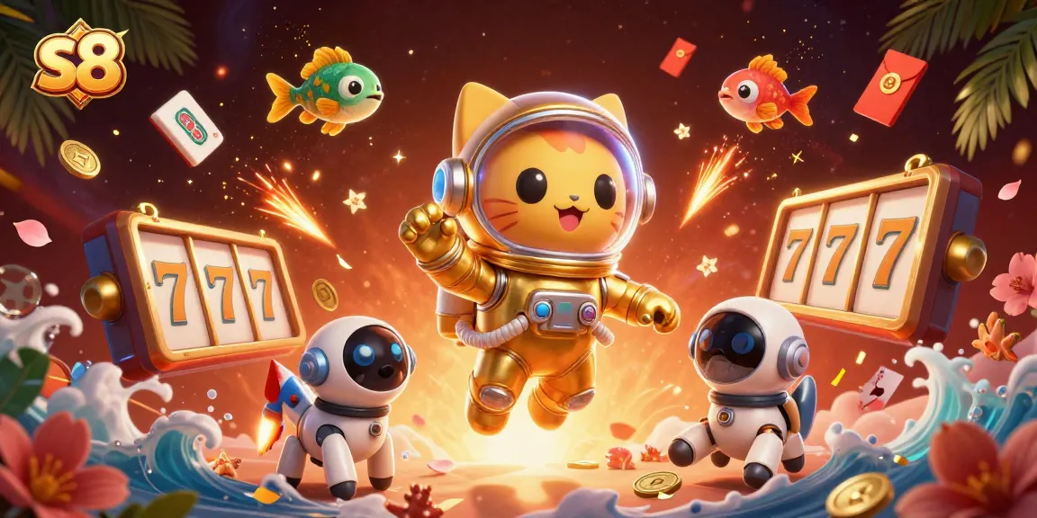 Spin the reels at s8 for exciting rewards with an astronaut cat and robotic dog in a colorful casino scene.
