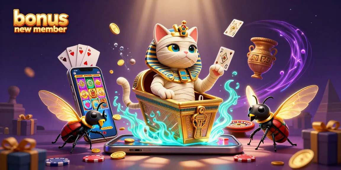 Bonus new member memberikan penawaran menarik di kasino dengan grafik berwarna dan elemen memainkan slot.