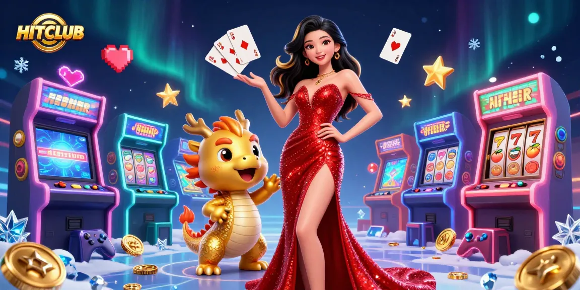 Engaging HITCLUB illustration featuring a stunning Asian woman in a red gown with gaming elements representing a vibrant online casino.
