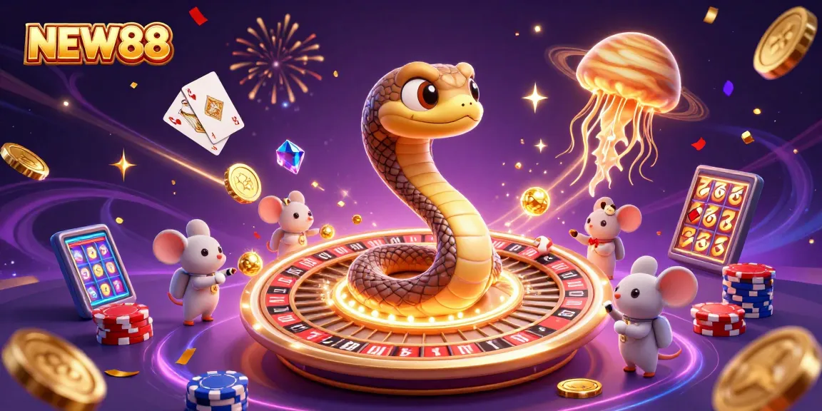 Place bets with NEW88 on a cosmic roulette scene featuring astronaut mice and a golden jellyfish dealer.