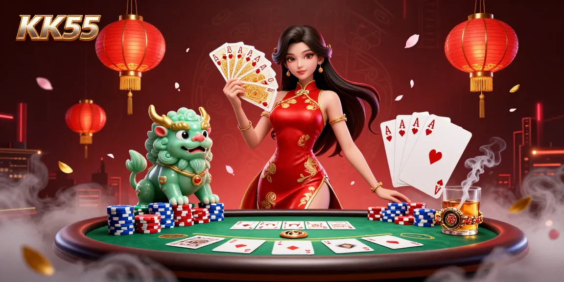 Play exciting games at KK55, featuring vibrant characters and casino elements under swirling lantern lights.