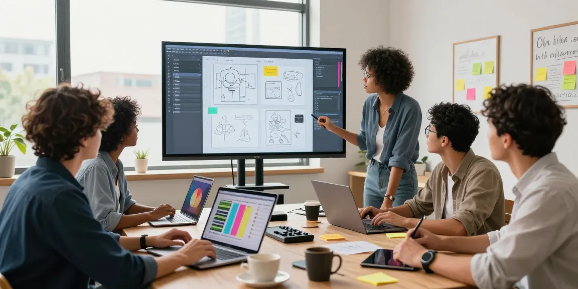Creative professionals using a mix board for collaborative brainstorming in a modern digital workspace.