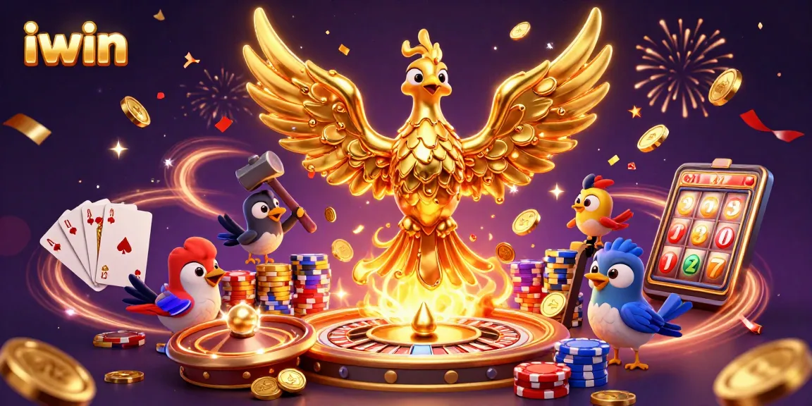 iwin players engage with a golden phoenix and colorful casino elements in an exciting 3D rendering.