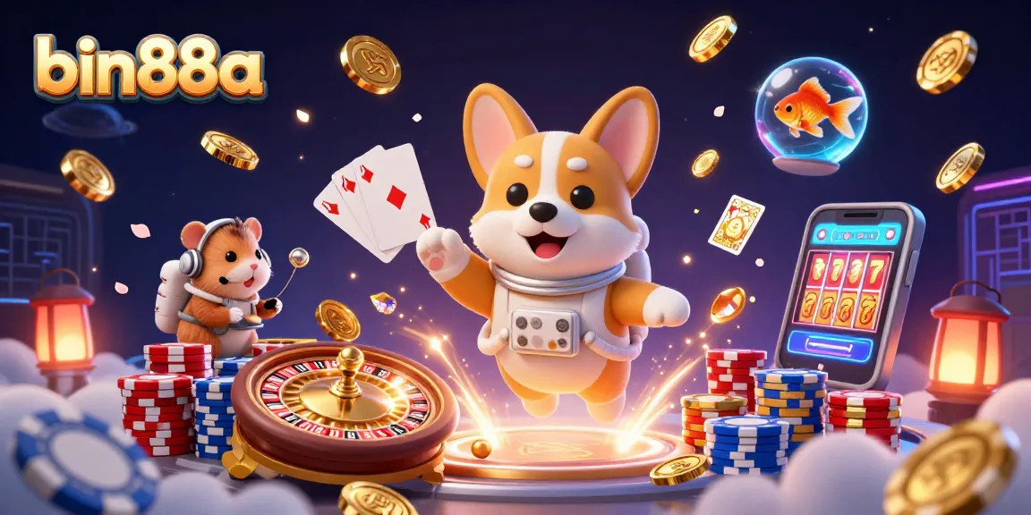 Engage with bin88a's dynamic casino experience featuring a floating corgi, sparkling gems, and immersive elements.