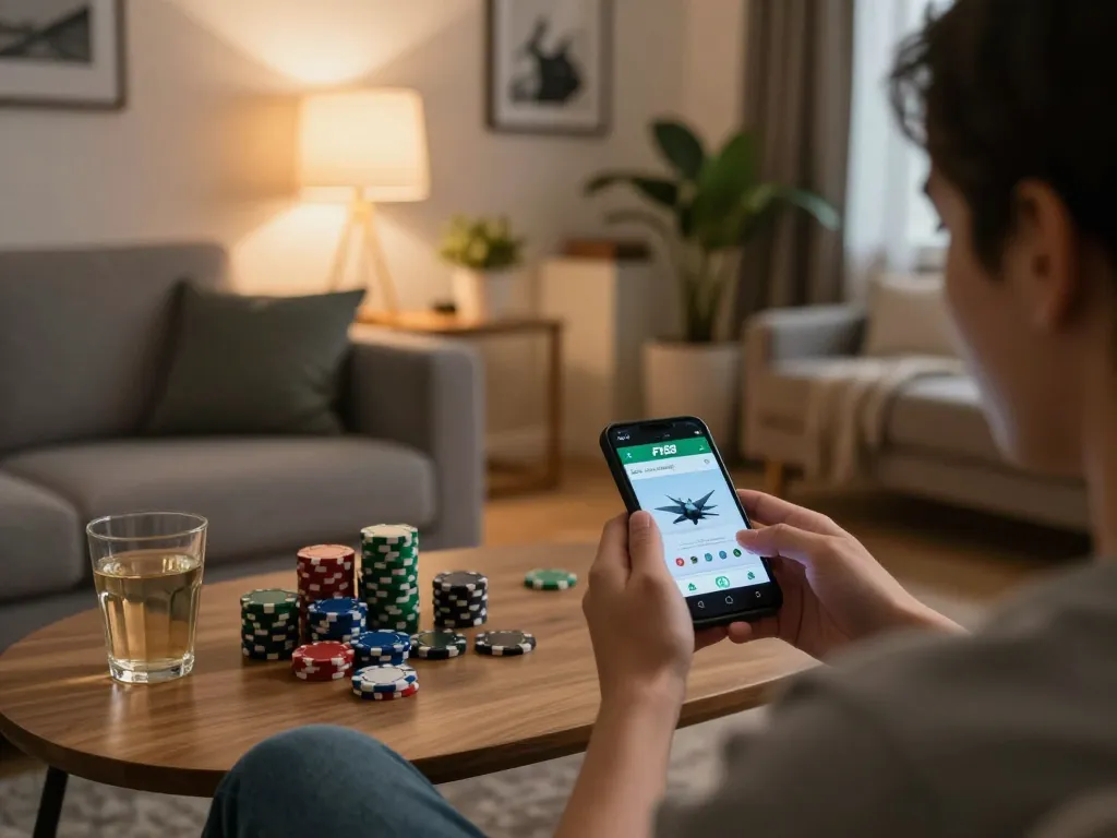 Person engaging with the F168 betting app on a smartphone in a cozy home setting