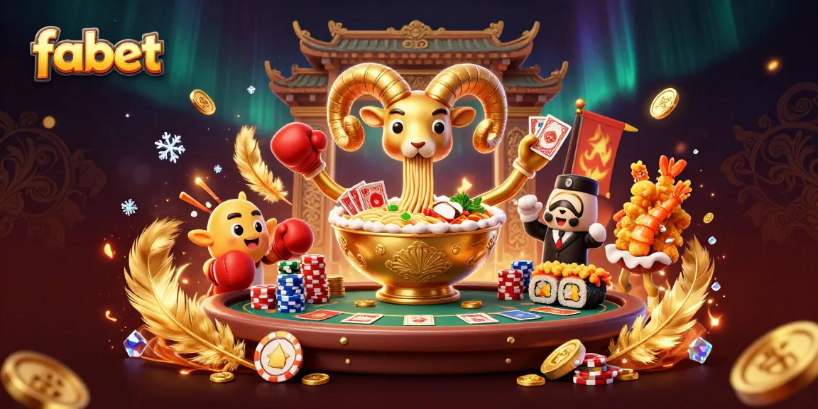 Play exciting poker with fabet's giant ramen bowl dealer amidst vibrant casino elements.