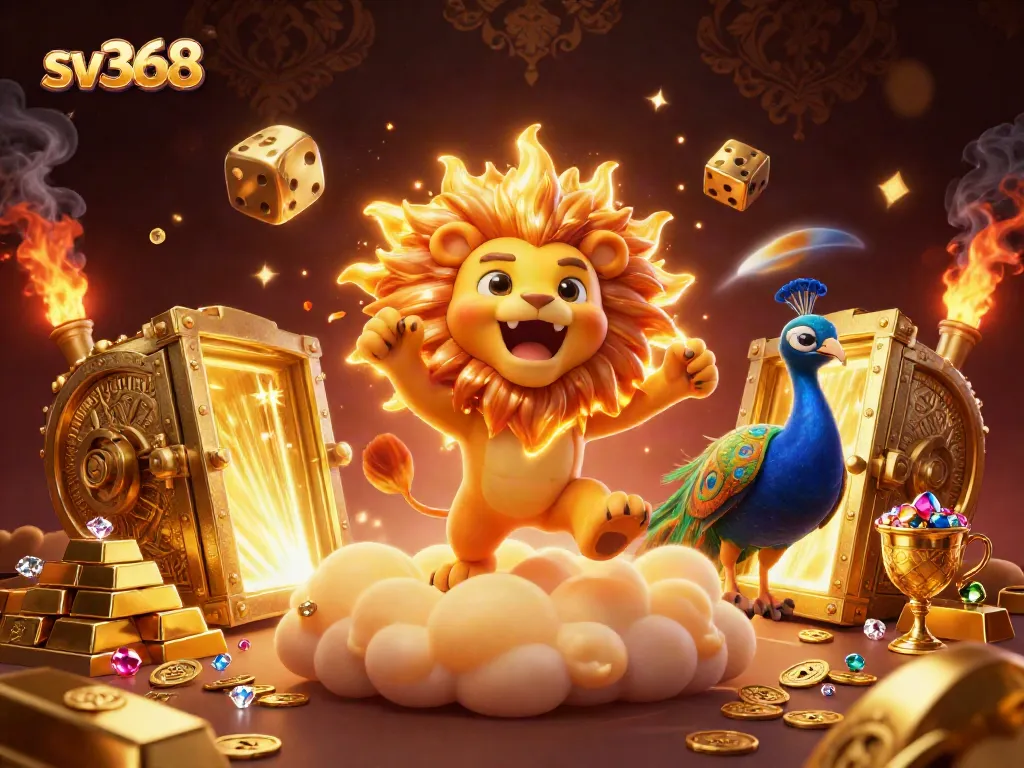 Spin the reels with sv368 while enjoying vibrant golden treasures in an animated casino scene.