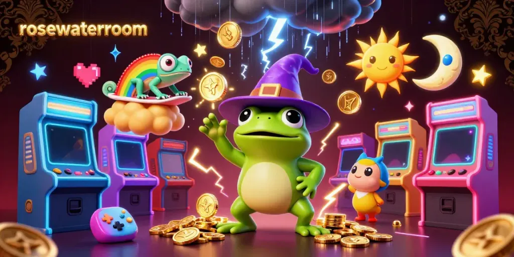 Experience thrilling gameplay at rosewaterroom with a magical frog and chameleon amidst riches.